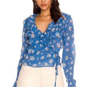 Free People Amanda Ruffle Wrap Top Floral Blue White Size Small